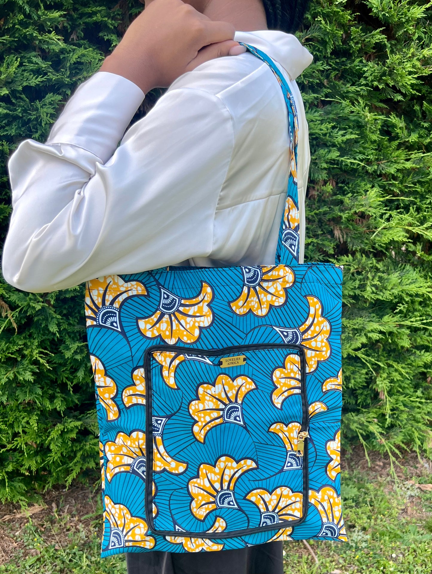 African tote bag in turquoise and orange wax