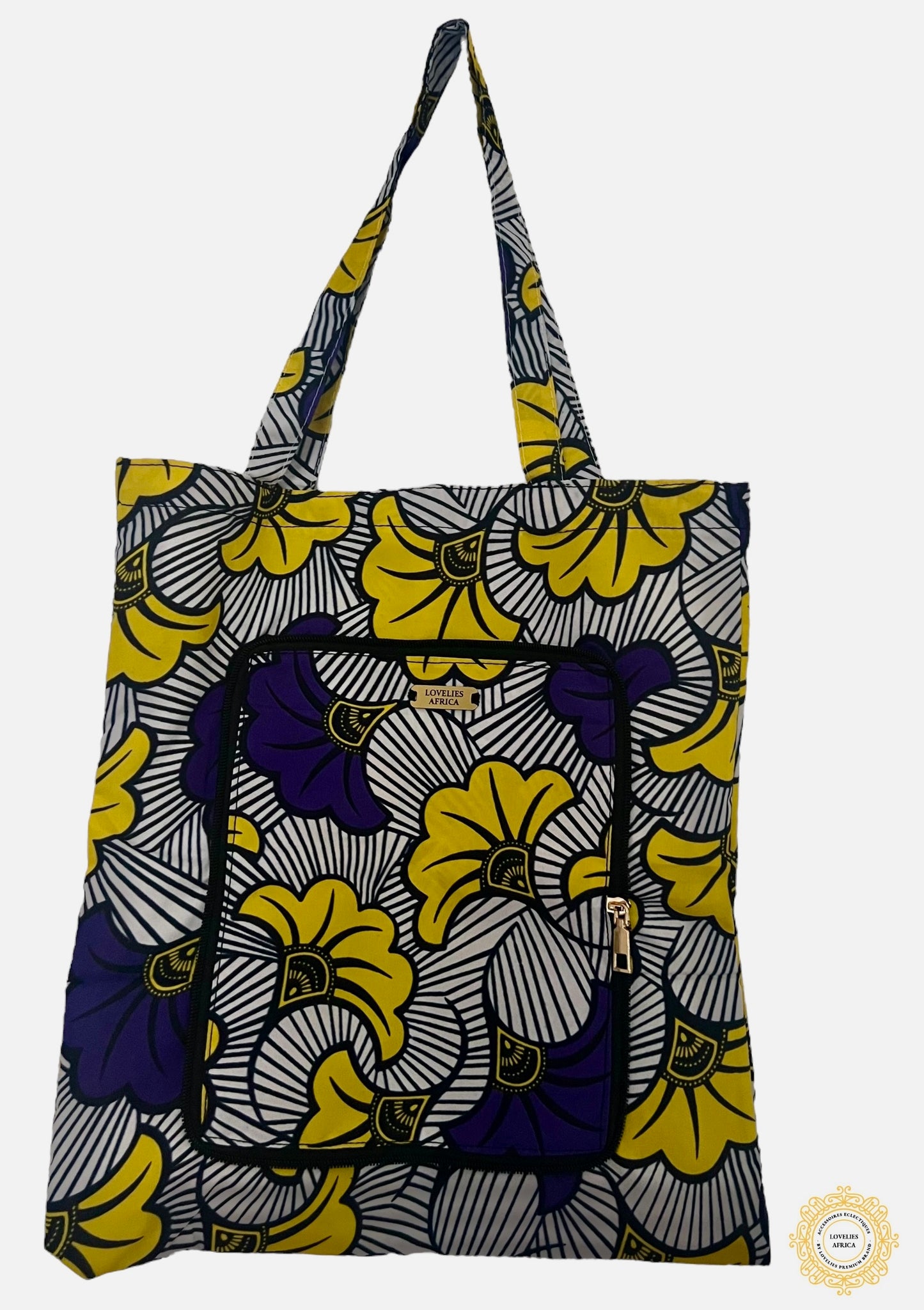 African tote bag in purple and yellow wax