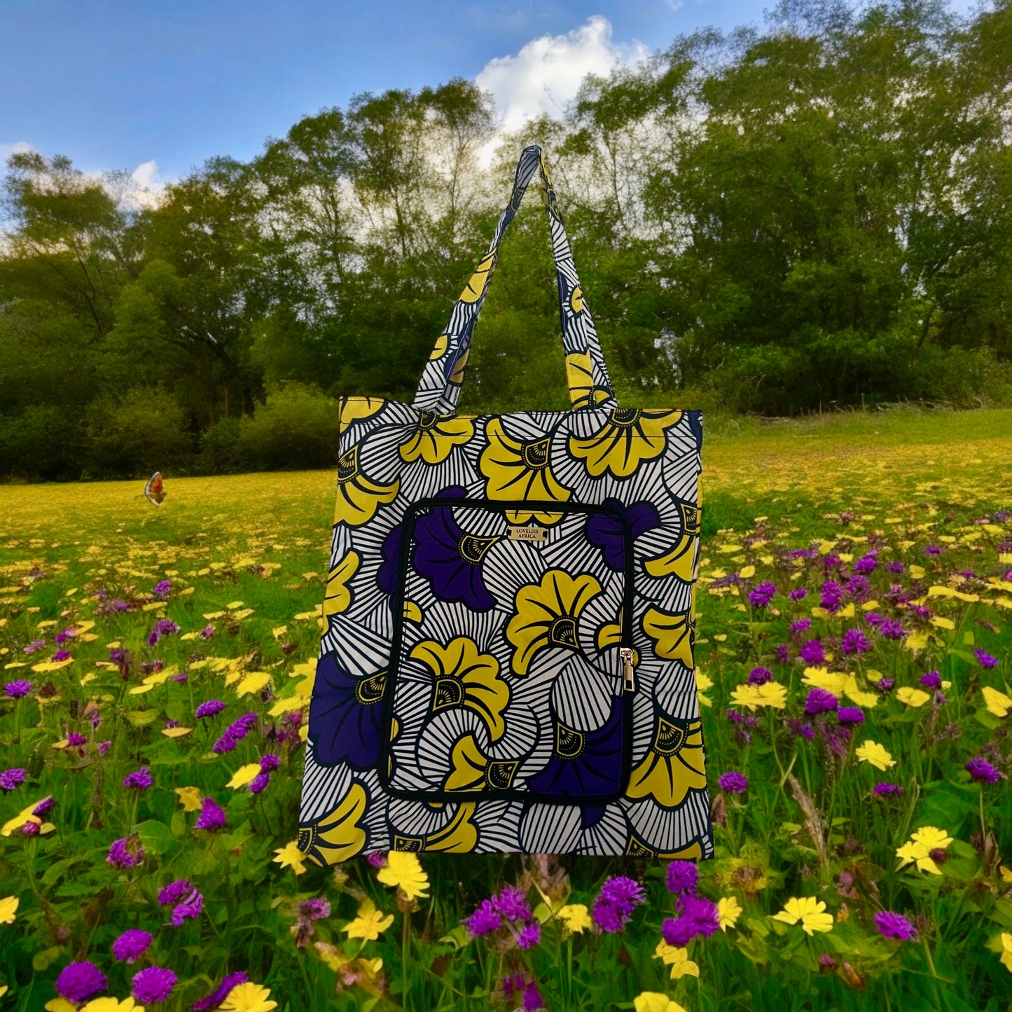 African tote bag in purple and yellow wax